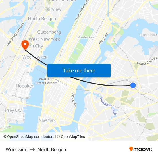Woodside to North Bergen map