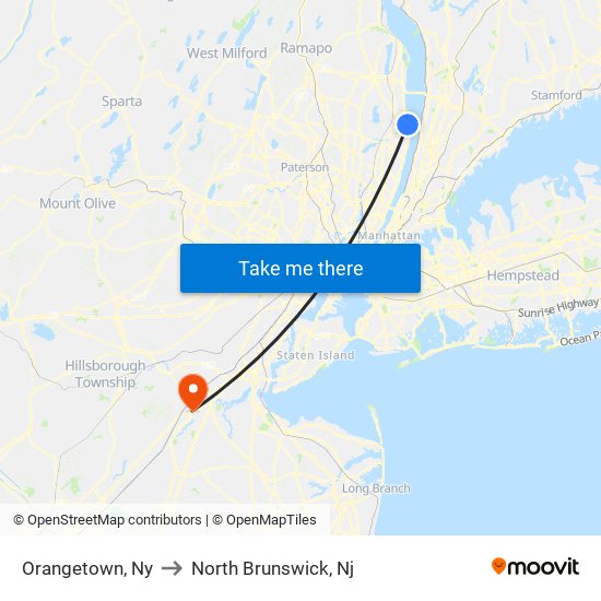 Orangetown, Ny to North Brunswick, Nj map