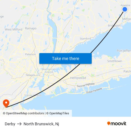 Derby to North Brunswick, Nj map