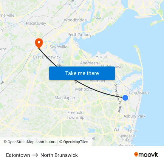 Eatontown to North Brunswick map
