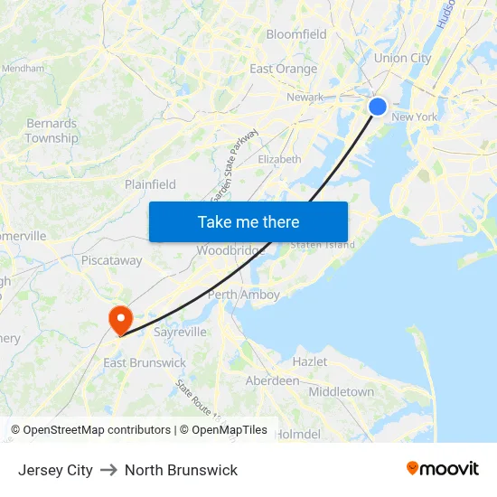 Jersey City to North Brunswick map