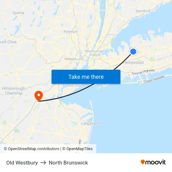 Old Westbury to North Brunswick map