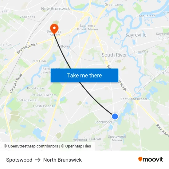 Spotswood to North Brunswick map