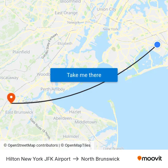 Hilton New York JFK Airport to North Brunswick map