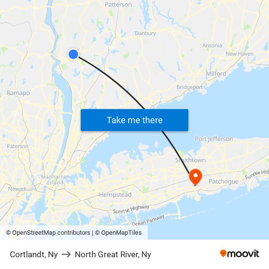 Cortlandt, Ny to North Great River, Ny map