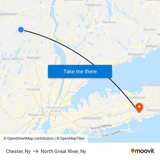 Chester, Ny to North Great River, Ny map