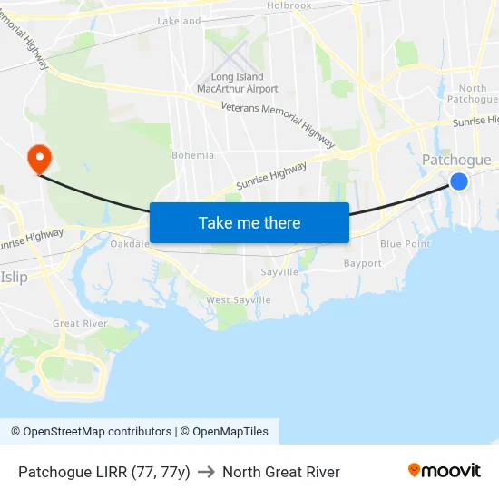 Patchogue LIRR (77, 77y) to North Great River map