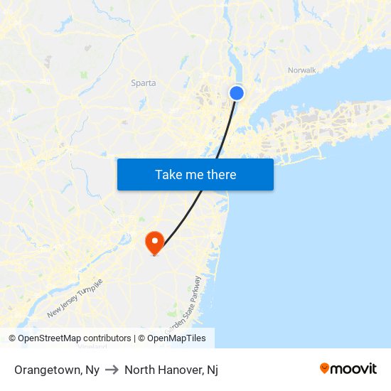 Orangetown, Ny to North Hanover, Nj map