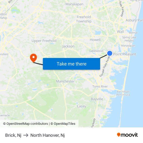 Brick, Nj to North Hanover, Nj map