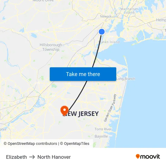 Elizabeth to North Hanover map
