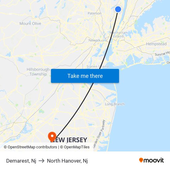 Demarest, Nj to North Hanover, Nj map