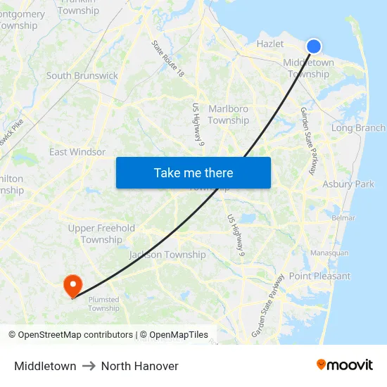 Middletown to North Hanover map
