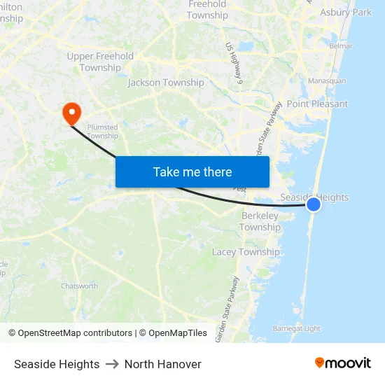Seaside Heights to North Hanover map