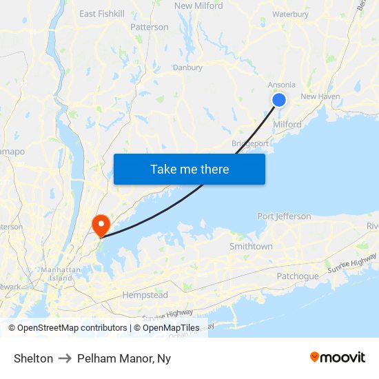 Shelton to Pelham Manor, Ny map