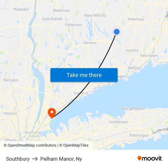 Southbury to Pelham Manor, Ny map