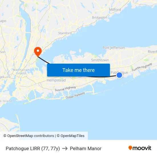 Patchogue LIRR (77, 77y) to Pelham Manor map