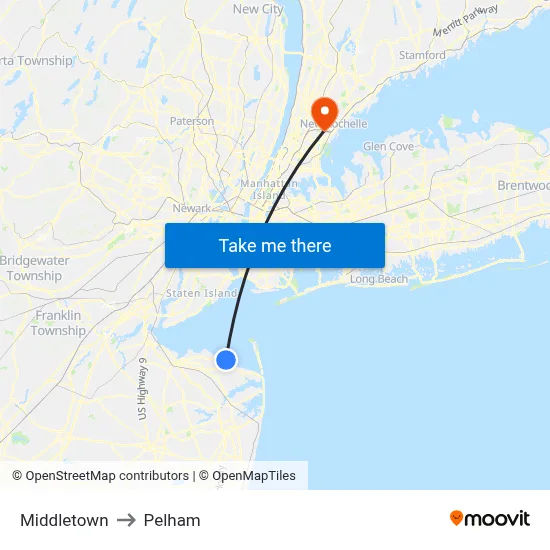 Middletown to Pelham map