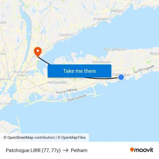 Patchogue LIRR (77, 77y) to Pelham map