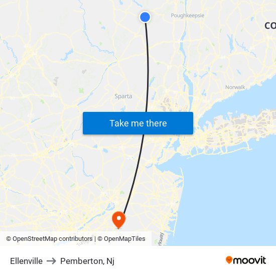 Ellenville to Pemberton, Nj map