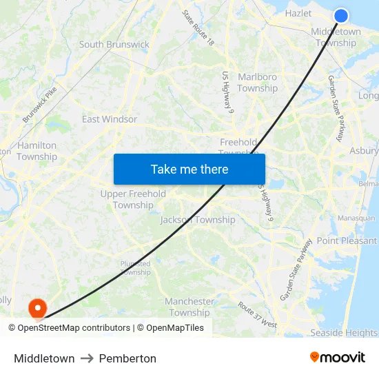 Middletown to Pemberton map