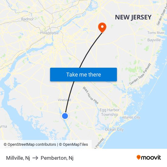 Millville, Nj to Pemberton, Nj map