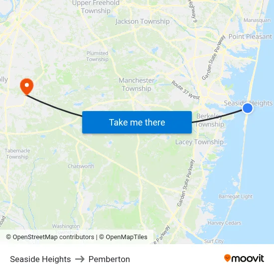 Seaside Heights to Pemberton map
