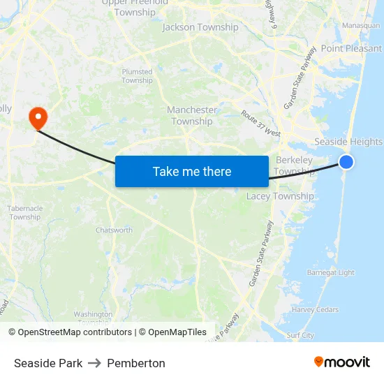 Seaside Park to Pemberton map