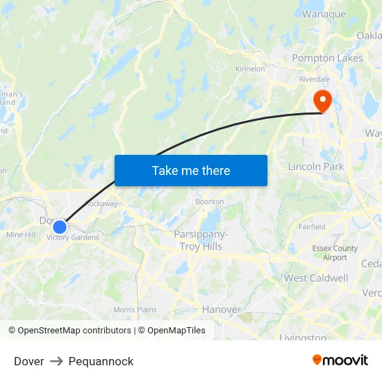 Dover to Pequannock map