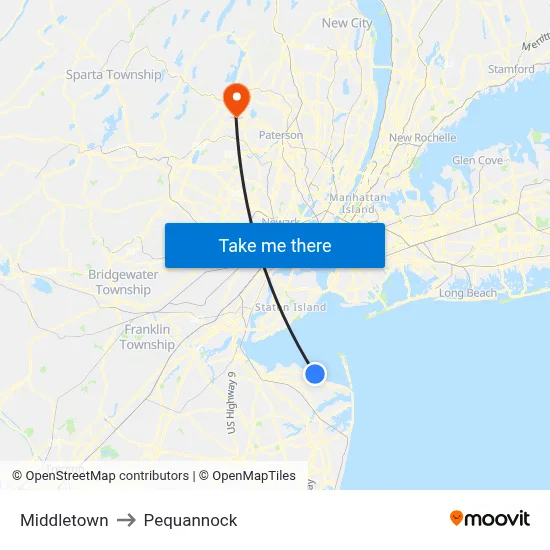 Middletown to Pequannock map