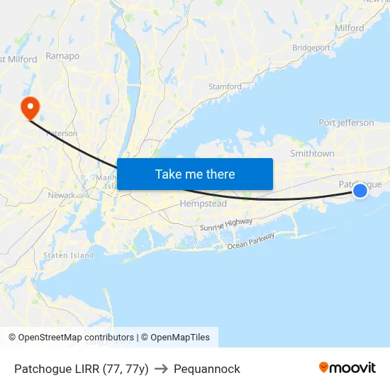 Patchogue LIRR (77, 77y) to Pequannock map