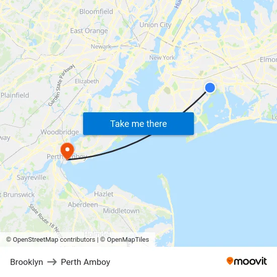 Brooklyn to Perth Amboy map