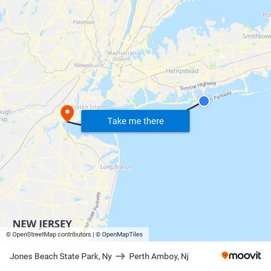 Jones Beach State Park to Perth Amboy, Nj map