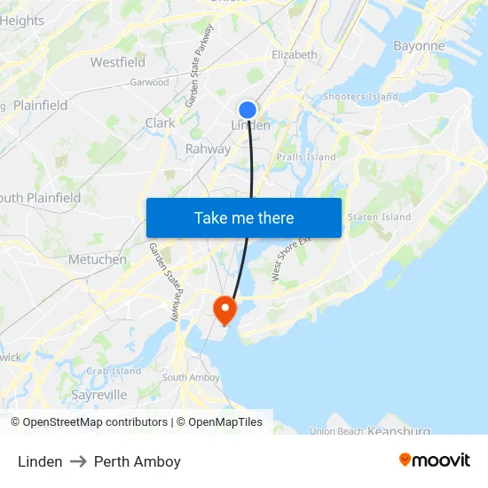 Linden to Perth Amboy map