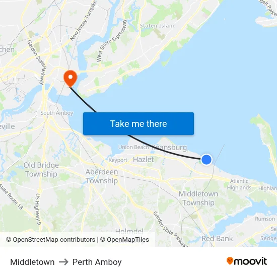 Middletown to Perth Amboy map