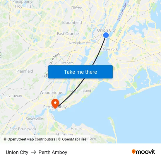 Union City to Perth Amboy map