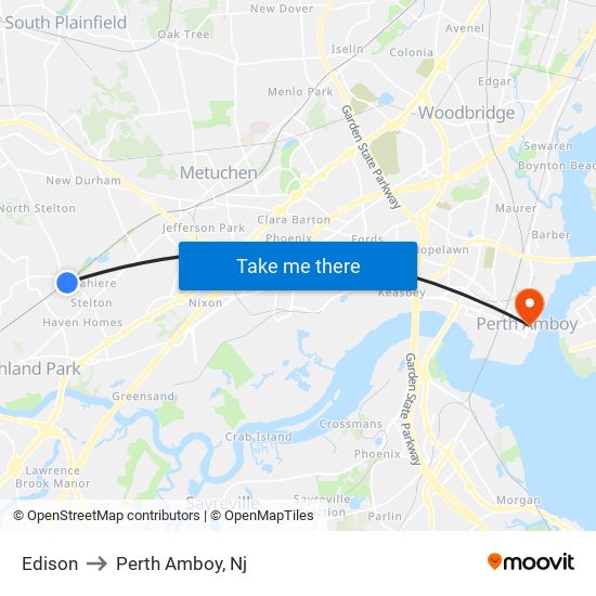 Edison to Perth Amboy, Nj map