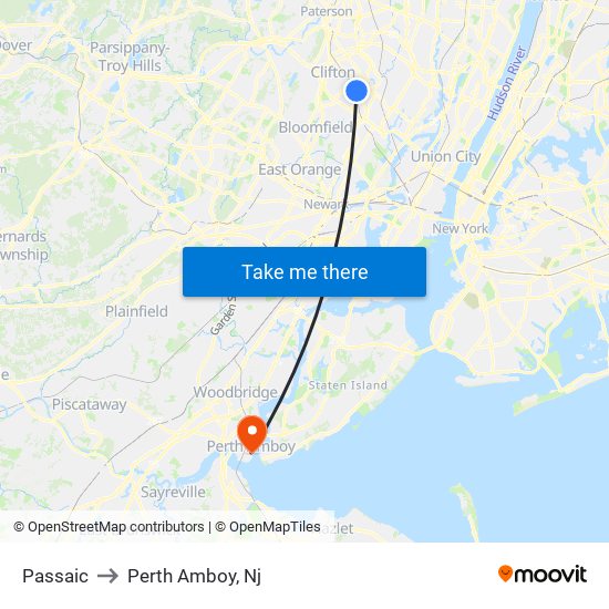 Passaic to Perth Amboy, Nj map