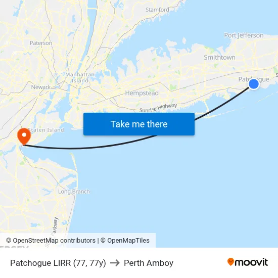 Patchogue LIRR (77, 77y) to Perth Amboy map
