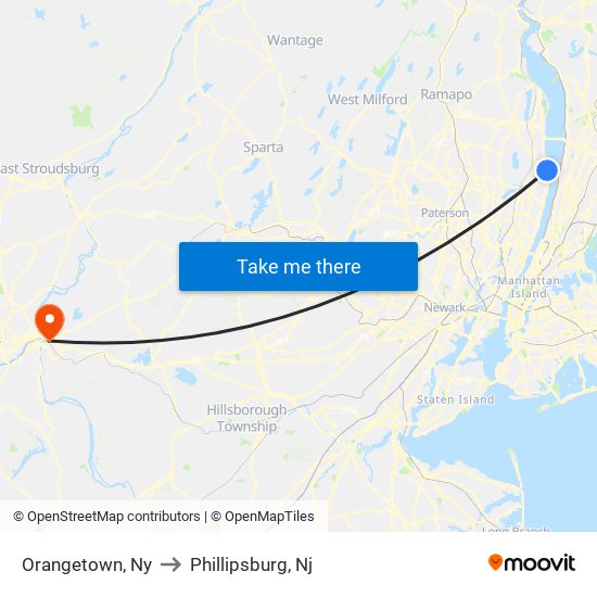 Orangetown, Ny to Phillipsburg, Nj map