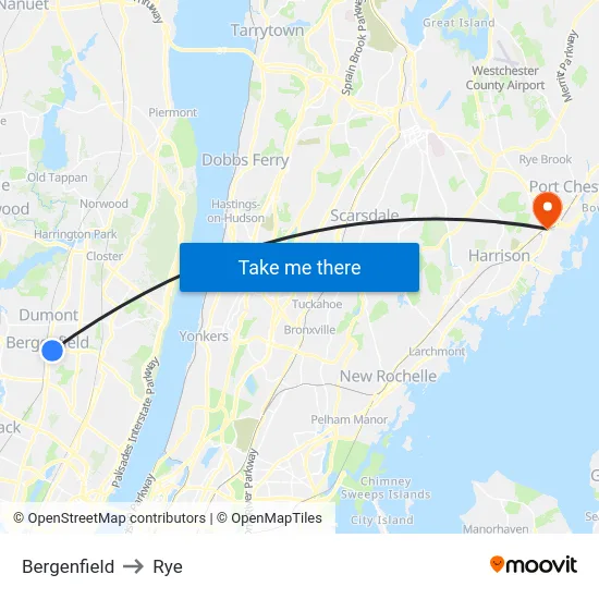 Bergenfield to Rye map