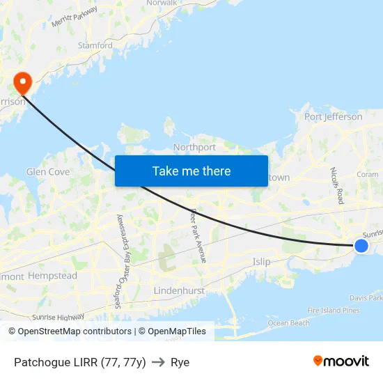Patchogue LIRR (77, 77y) to Rye map