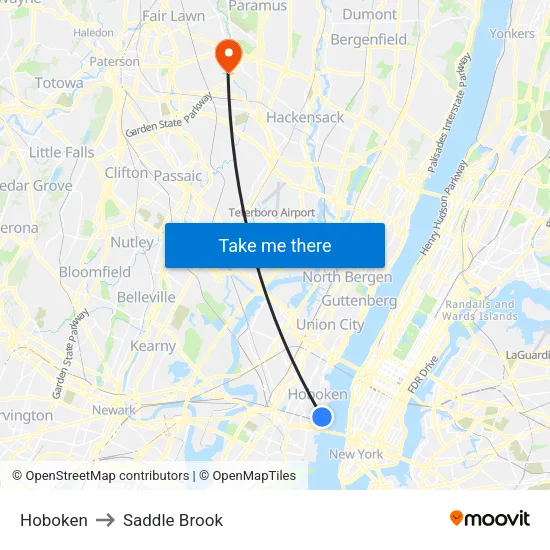 Hoboken to Saddle Brook map