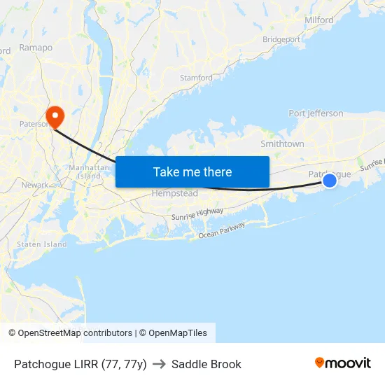 Patchogue LIRR (77, 77y) to Saddle Brook map