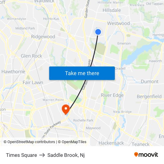 Times Square to Saddle Brook, Nj map