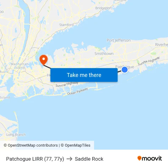 Patchogue LIRR (77, 77y) to Saddle Rock map