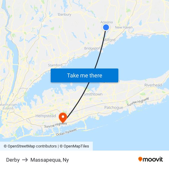 Derby to Massapequa, Ny map