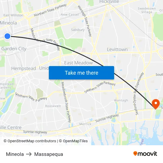 Mineola to Massapequa map