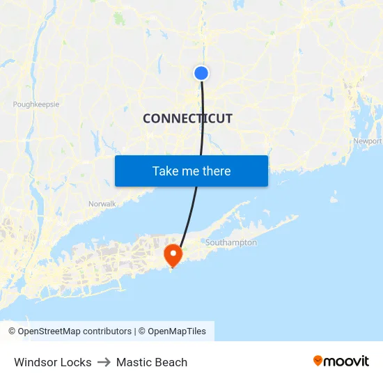 Windsor Locks to Mastic Beach map