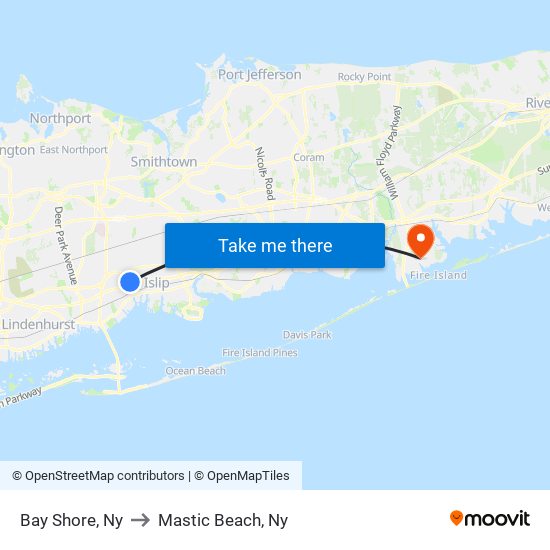 Bay Shore, Ny to Mastic Beach, Ny map