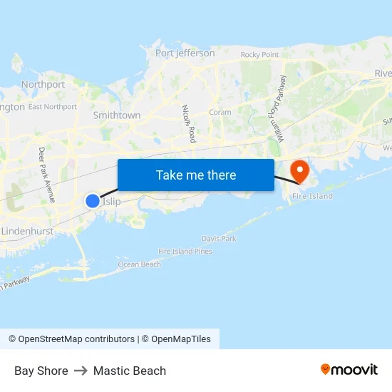 Bay Shore to Mastic Beach map